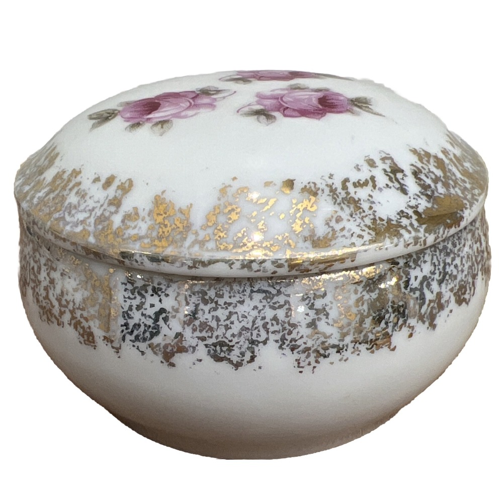 Vintage White Porcelain Painted Floral Rose Silver Trim Trinket Jewelry Box Dish
